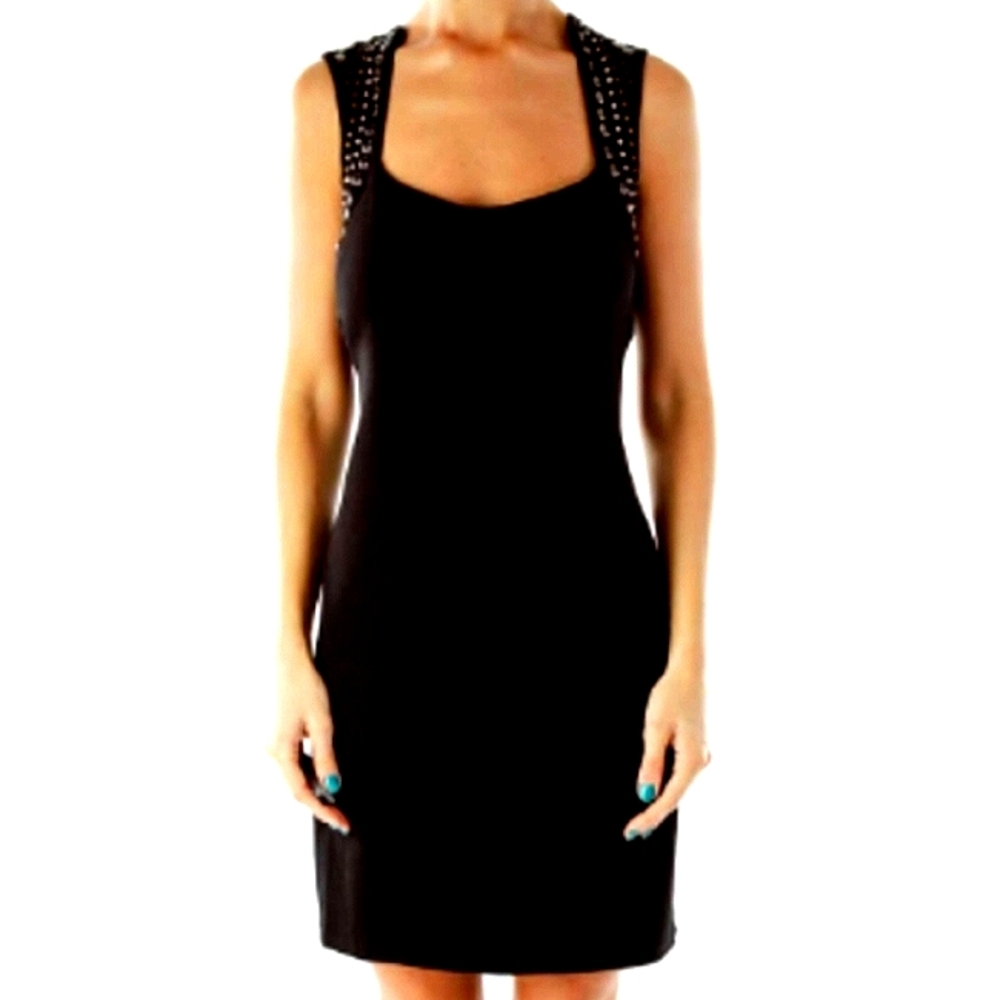 ROCK & REPUBLIC | Studded Sleeveless Stretchy Square Neck Little Black Dress | M